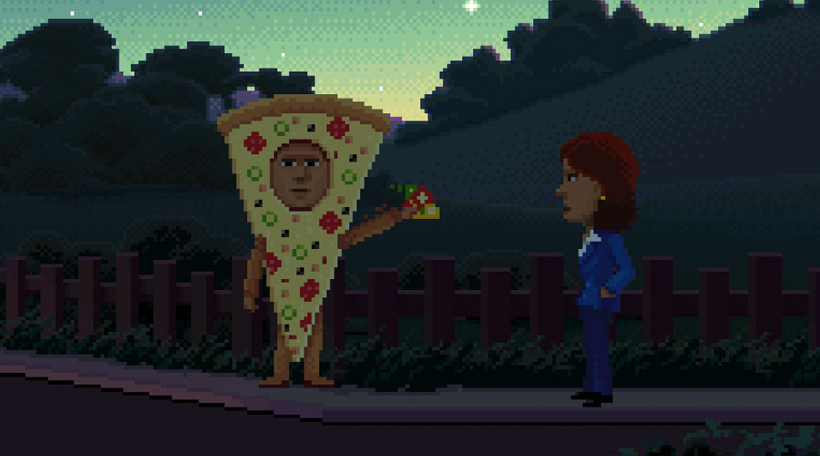 Artwork of a man in a pizza costume - the very epitome of time well spent.